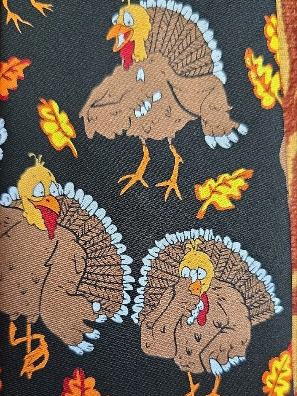Men's Black Tie with Playful Turkey and Autumn Leaf Print